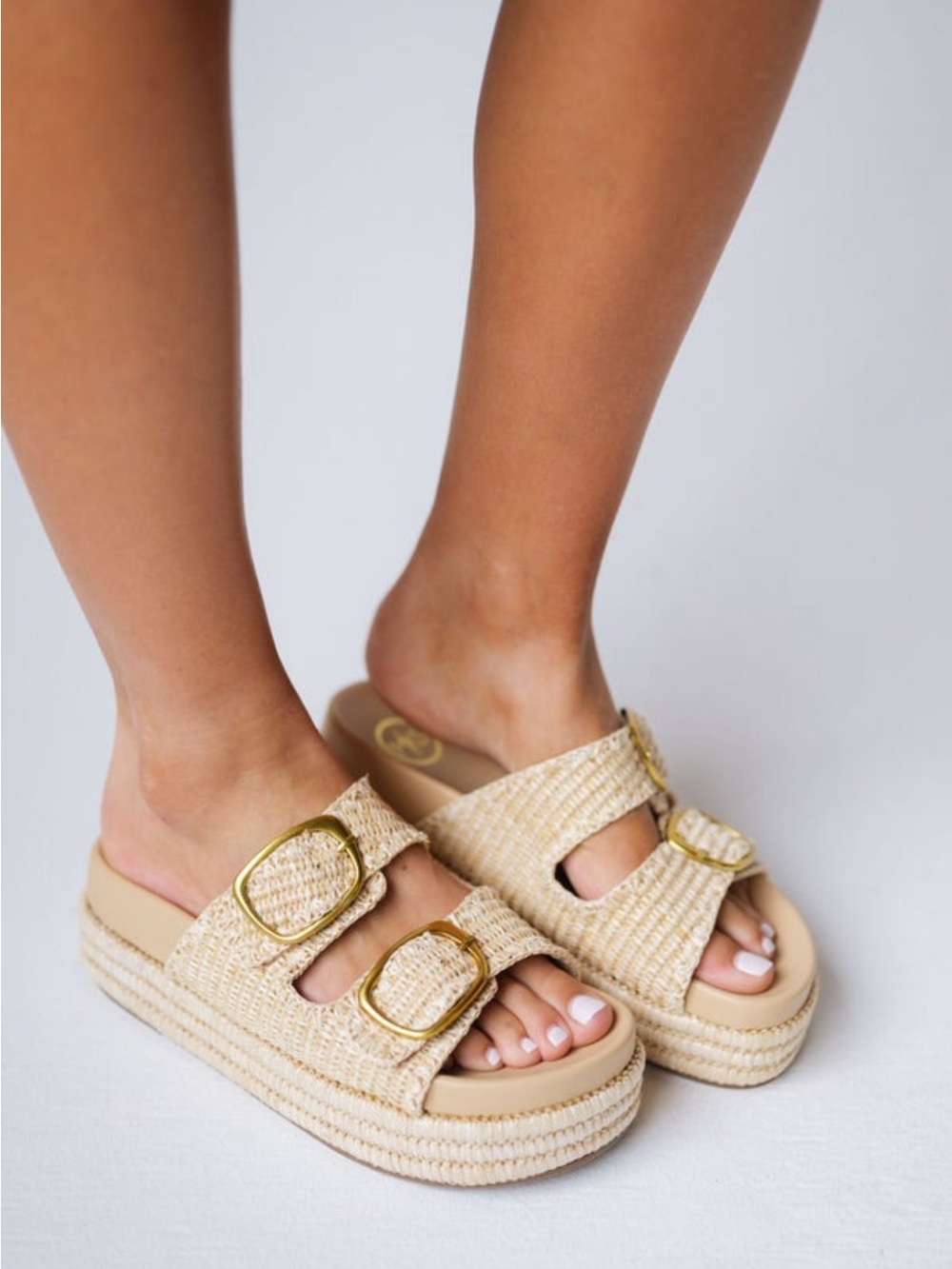 These Three Boutique- Clara Woven Platform Slide Sandals with Gold Buckles - Picture 4 of 4